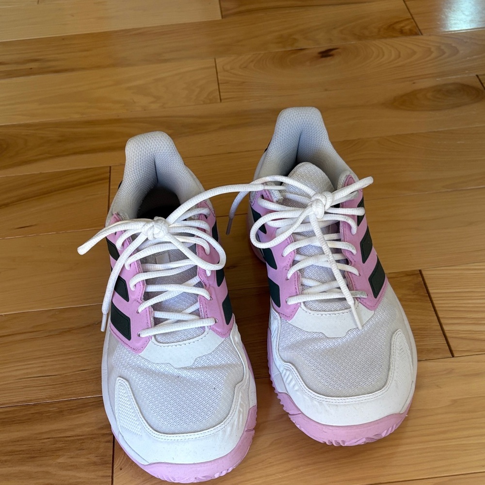 Adidas Pink and White court shoes